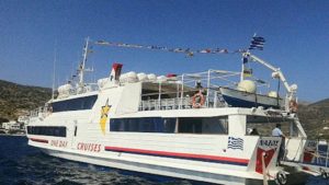 Embark with Naxos Star. The max capacity is 238 passengers and its draught is 2.9 meters. 
