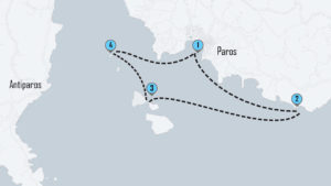 The mapped route of your luxury sunset cruise from Paros to Antiparos