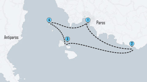 The mapped route of your luxury sunset cruise from Paros to Antiparos