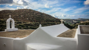 Mountain view from a whitewashed chapel