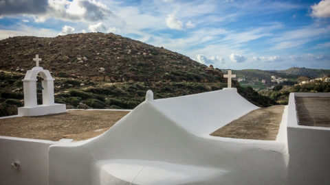 Mountain view from a whitewashed chapel