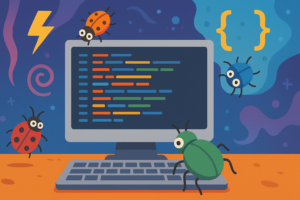Bug Invasion - A computer overwhelmed by colorful code lines and cartoon bugs crawling everywhere.