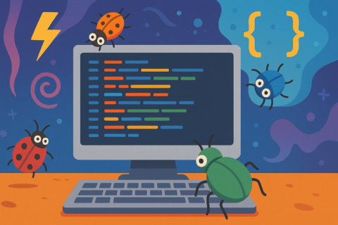 Bug Invasion - A computer overwhelmed by colorful code lines and cartoon bugs crawling everywhere.