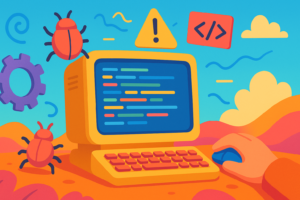 Warning Zone - Retro Roland's PC surrounded by error signs, glitches, and playful debugging chaos.