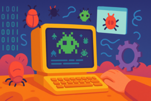 Pixel Bug Attack - Green pixelated bugs burst out of the screen in a surreal coding world.