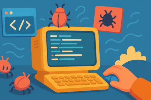 Debugging Frenzy - Oversized bugs and floating code windows take over the programmer's desk.