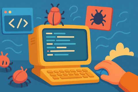 Debugging Frenzy - Oversized bugs and floating code windows take over the programmer's desk.